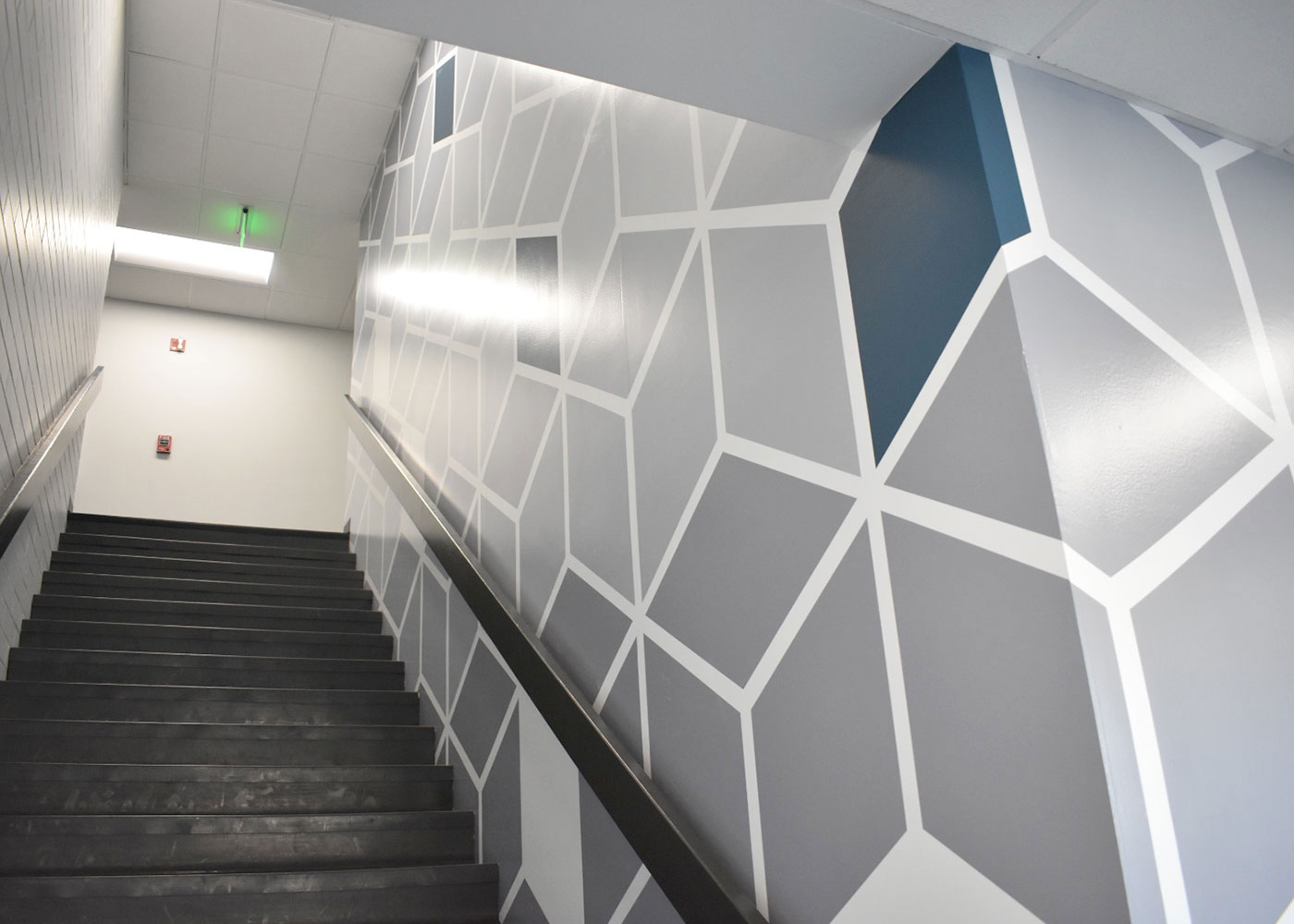 Multiple buildings received interior vinyl wall graphics in common space areas and long hallways featuring a variety of floor-to-ceiling designs.