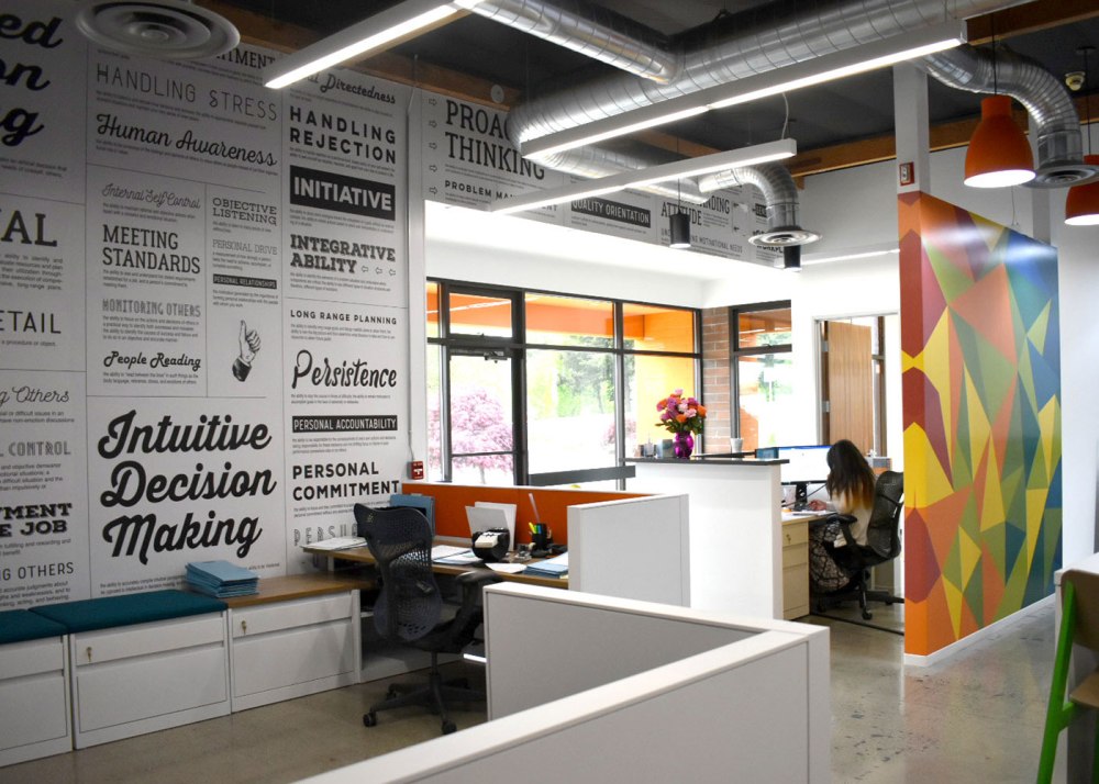 The main office for the property owner included a variety of vinyl wall graphics that offered a punch of color and words of inspiration.